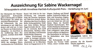 Kulturpreis für Sabine Wackernagel